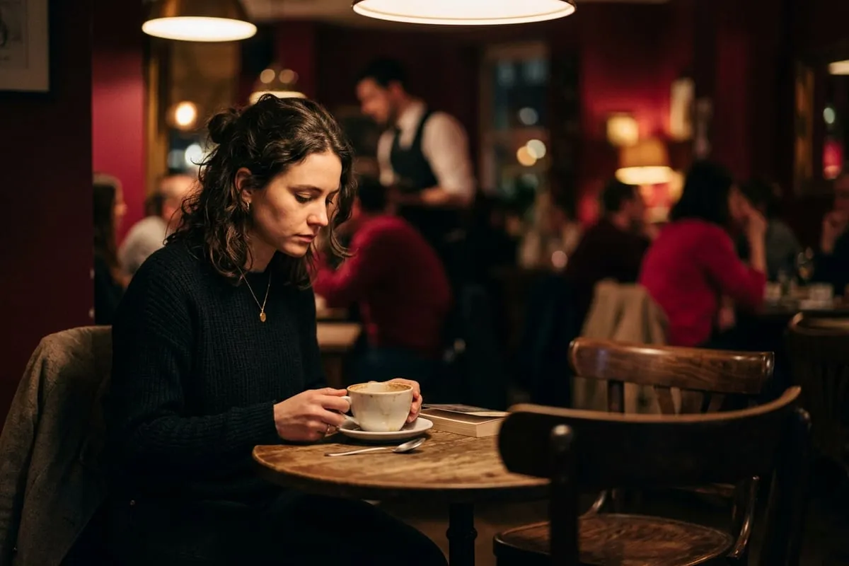 女人獨坐咖啡廳，對面空椅子，心中有未散的思念