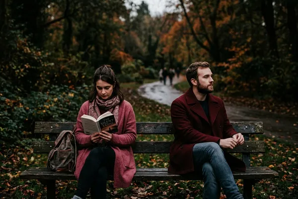 情侶並肩坐在長椅上，各自望向遠方，自在而不疏離