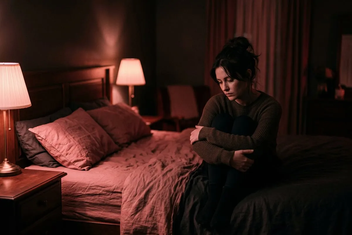 女生夜裡獨自坐在床上，抱膝低頭，床的另一側空曠