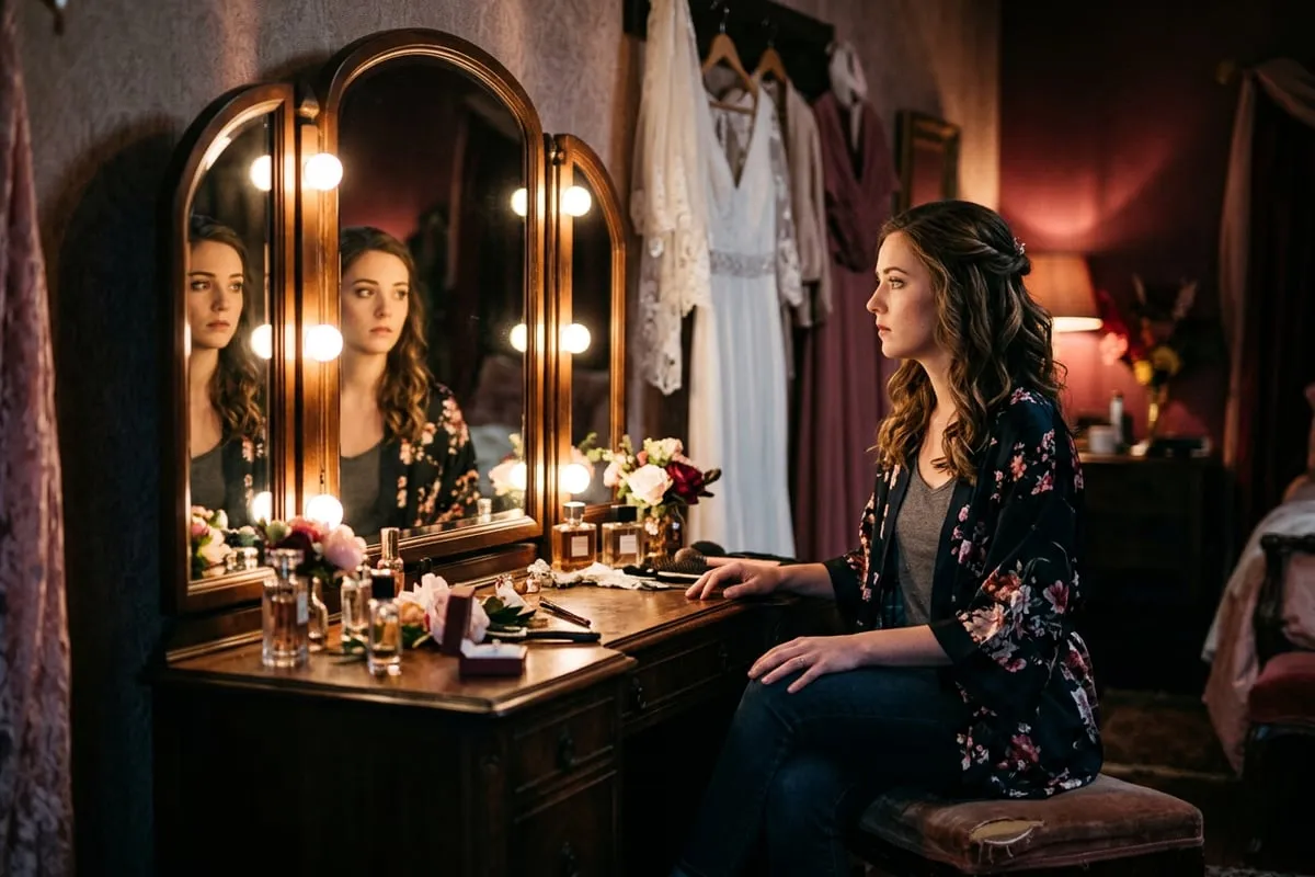 女人坐在梳妝台前凝視鏡中自己，神情複雜