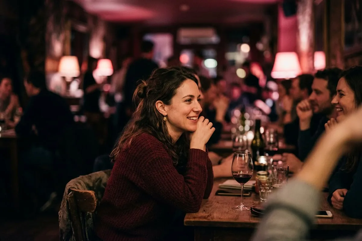 女人在聚會中自然地傾身向前，肢體語言流露吸引力