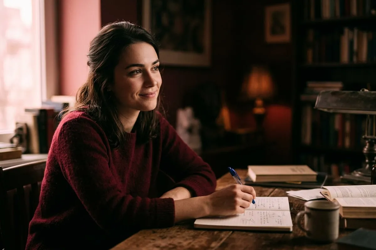 女生側望窗外，臉上浮現不自覺的微笑，暗示她喜歡某人