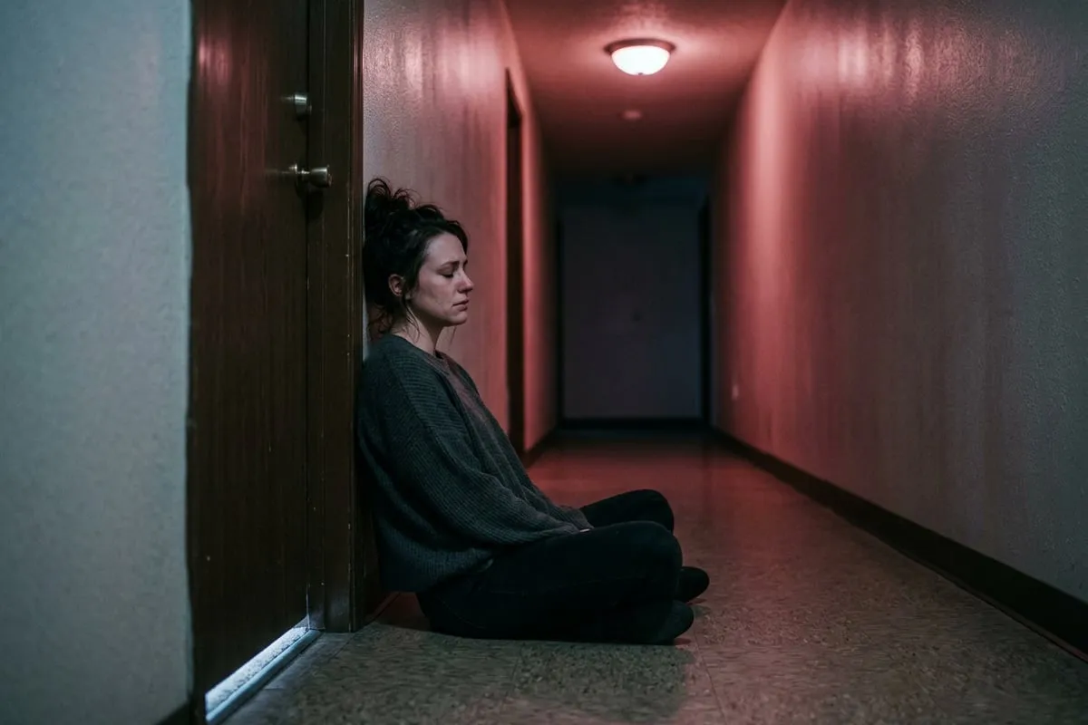女人靠著門滑坐在走廊地板上，崩潰後的寂靜