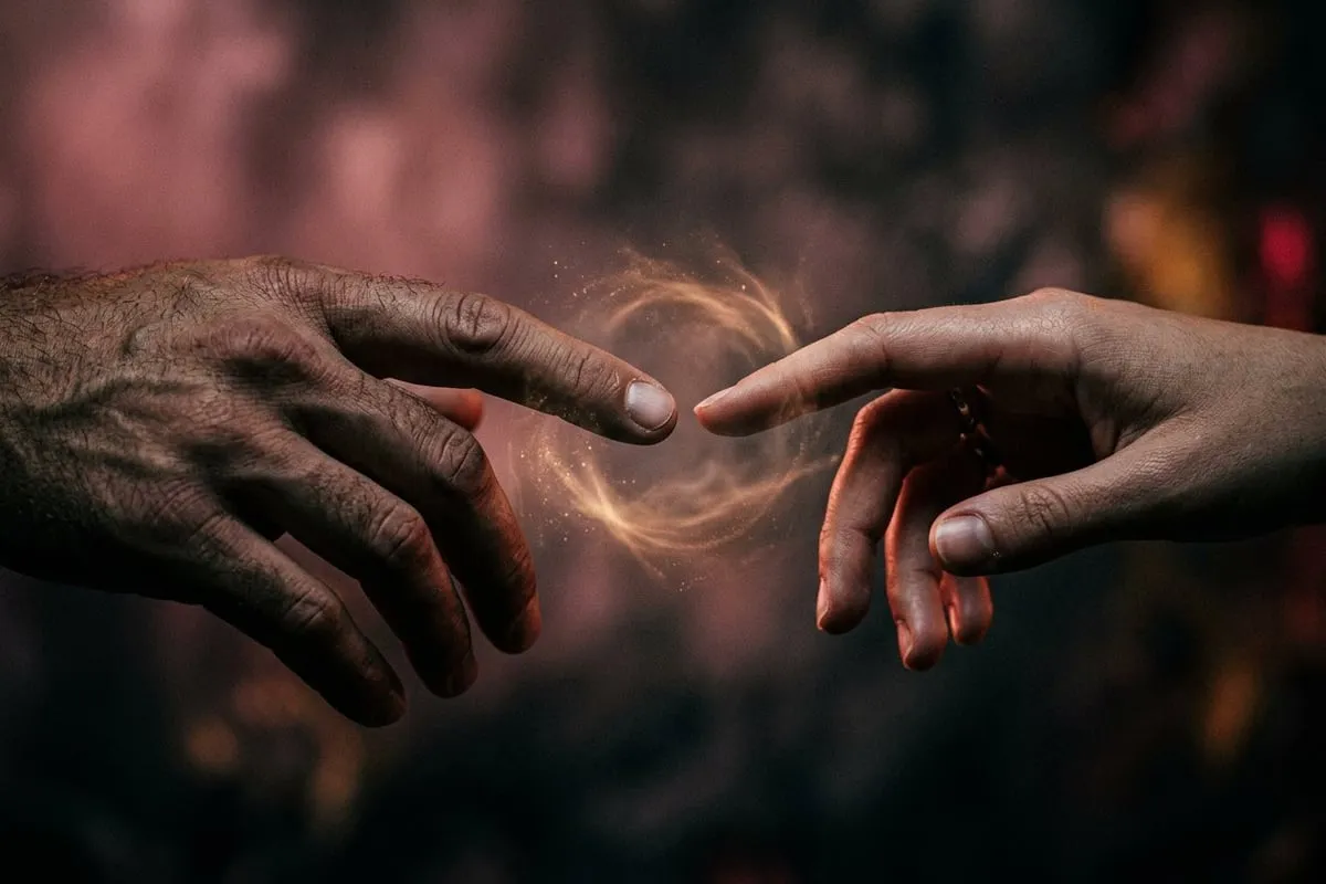 兩人指尖幾乎相觸，指間有隱約的化學吸引光暈