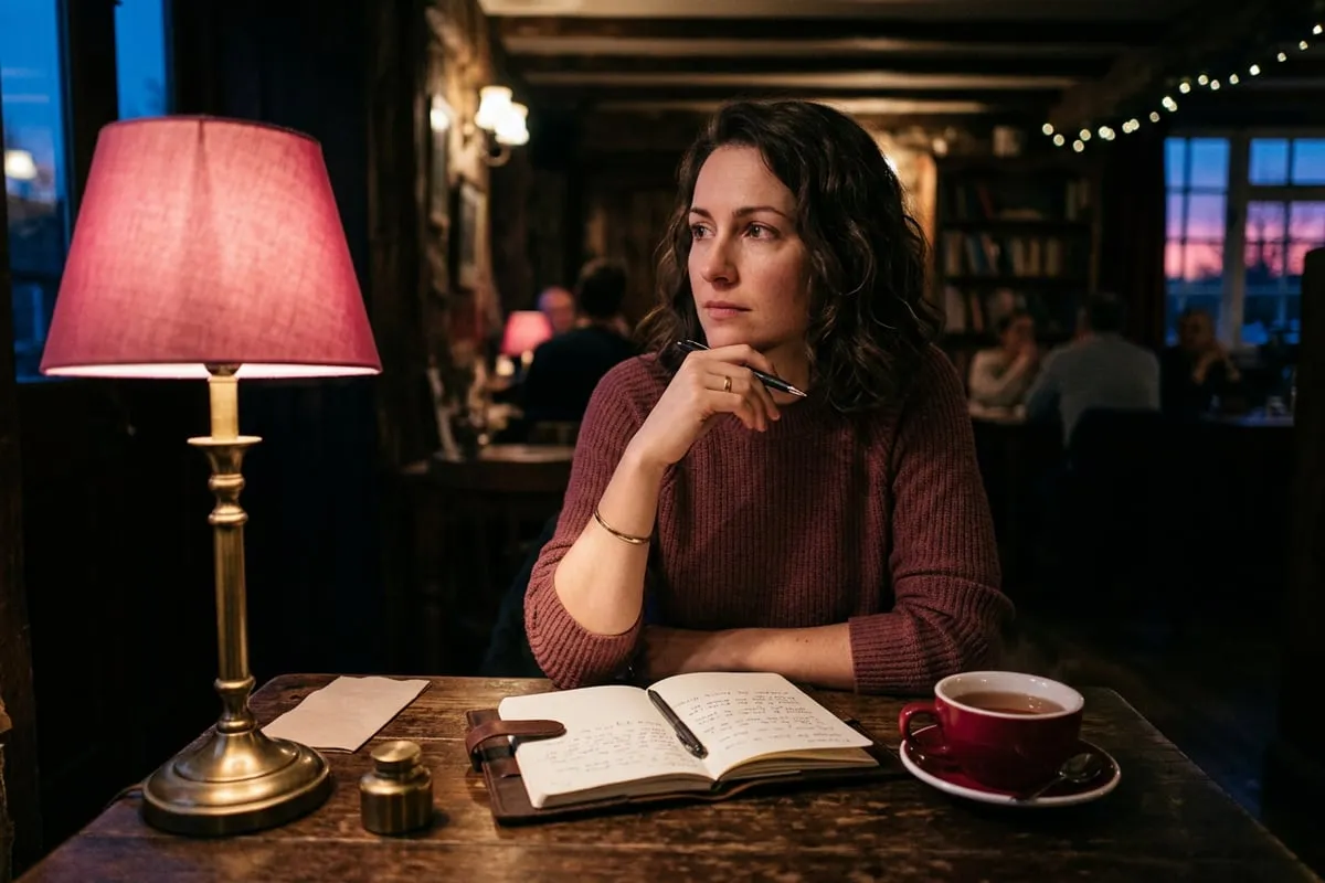 女人獨坐桌前，手握茶杯若有所思，靜靜審視自己