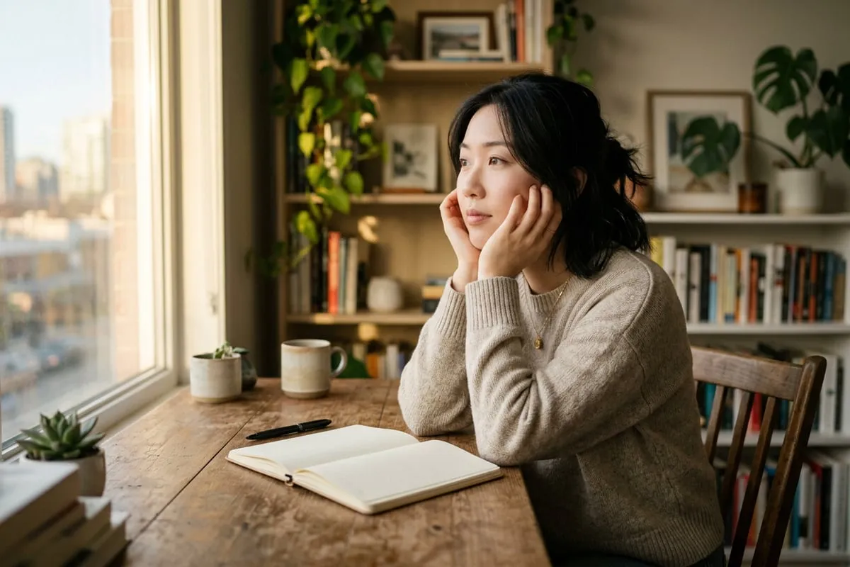 女性坐在書桌前發呆，眼神飄遠充滿戀愛腦狀態